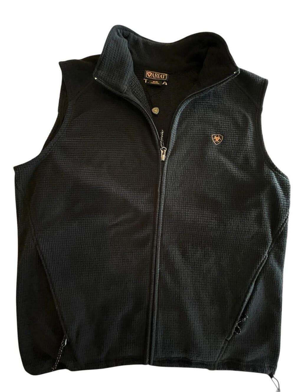 ARIAT Vest Fleece Waffle Texture Mens Sz Med Black Full Zip Pockets